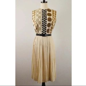 Vintage Linen Earthtone Abstract Print Sleeveless Pleated Dress